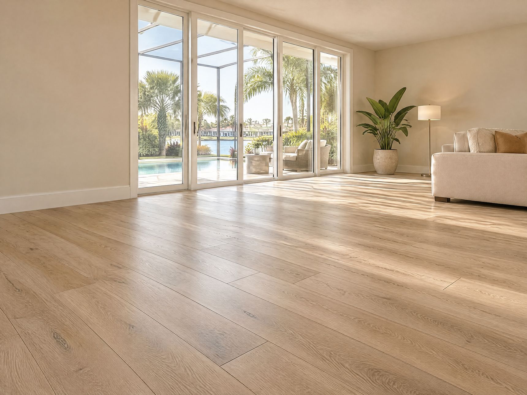 Living room with wide-plank light oak vinyl floors and tall windows facing a screened lanai with palm trees.