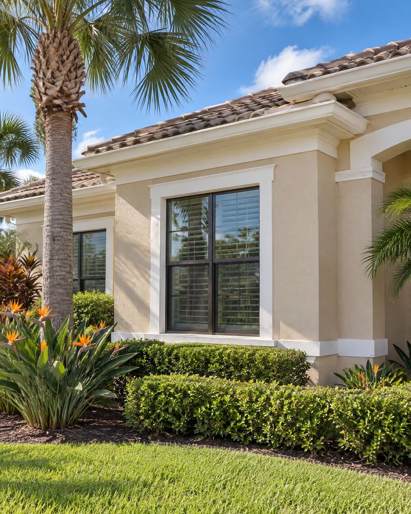 Single-story stucco home painted soft sand beige with white trim and bronze window frames.