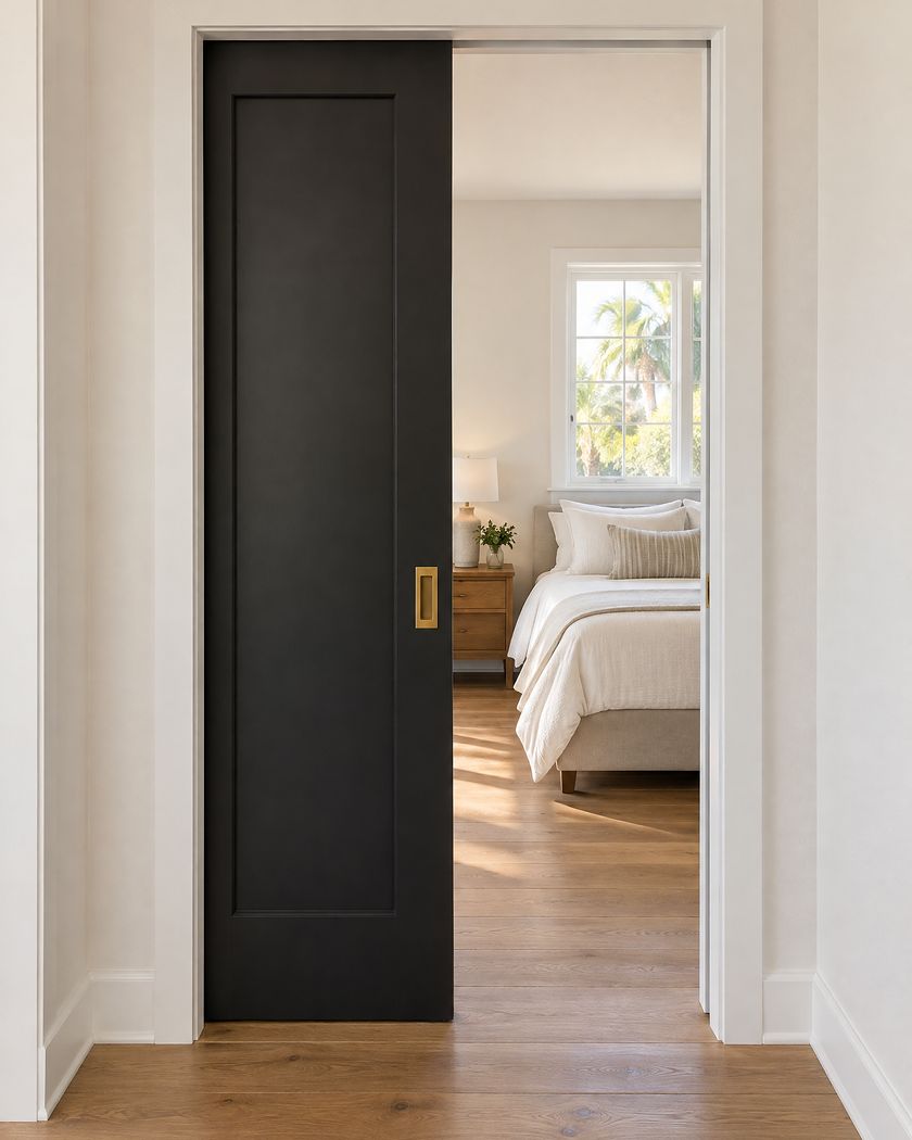 Soft black Shaker-style interior pocket door slid halfway into the wall, with a brass flush pull, opening to a sunlit bedroom.