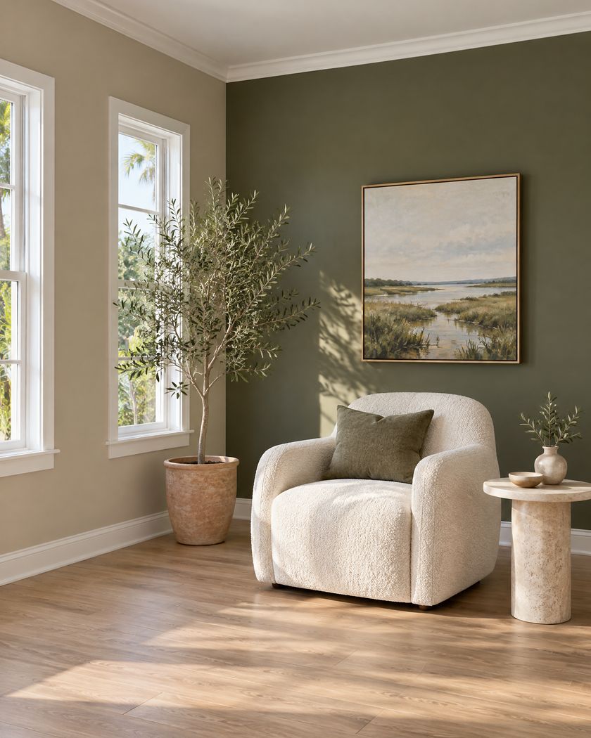 Sitting room with warm greige walls, a deep olive feature wall and crisp white trim.