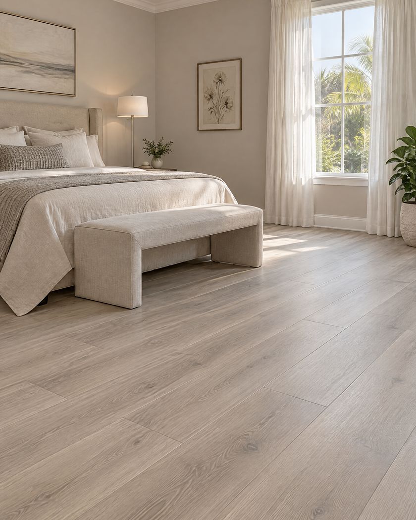 Primary bedroom with pale gray-washed oak vinyl plank floors, a linen bed and sheer white drapes.